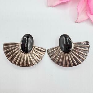 Vintage Silver & Onyx Fan Earrings Southwestern Boho Converted To Clip On Tested